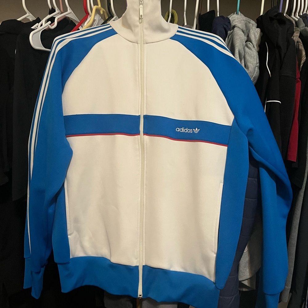 Adidas White and Blue Zip-Up Jacket